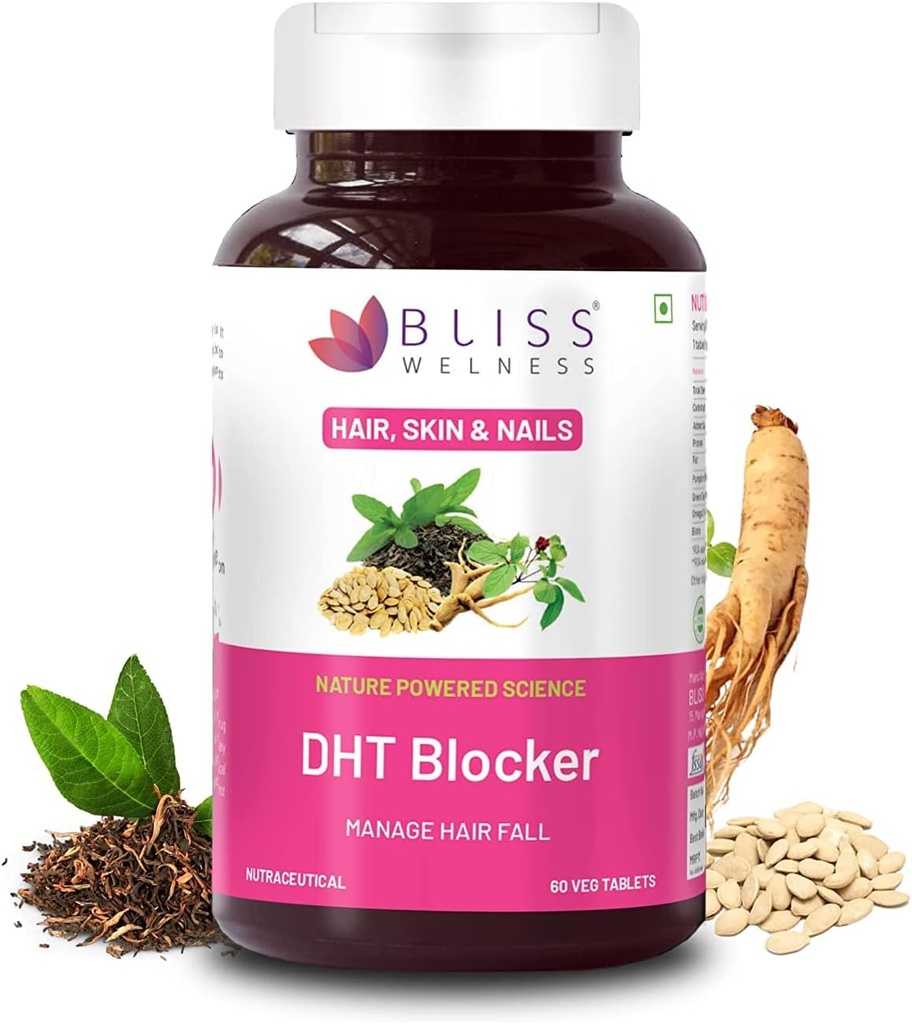 Sheltr DHT Blocker with Biotin, Pumpkin Seed, Green Tea Extract, Omega 3, Ginseng Extract, Vitamin C,E, B6, Helps Reduce Hair Fall, Stimulates Hair Growth Supplement for Men & Women - 60 Tablets