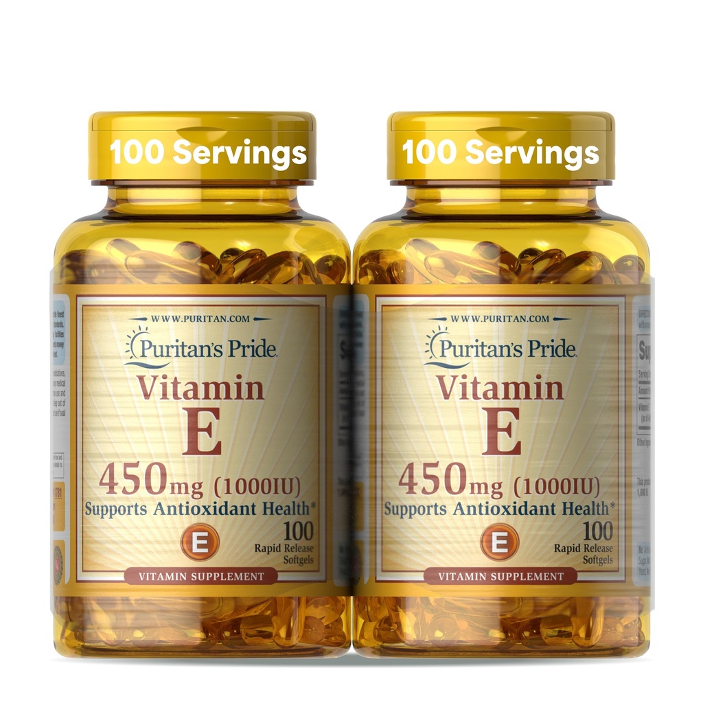 Puritan 's Pride Witamina E- 450mg (10 000 j. m.), Suplement witaminy dla funkcji układu immunologicznego i przeciwutleniaczy Wsparcie zdrowia, 100 Softgels szybkiego uwalniania, 2 Pack