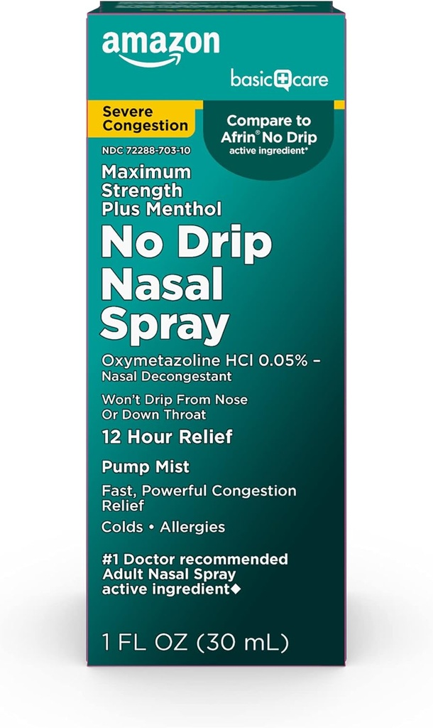 Podstawowa Pielęgnacja bez kroplówki Ciężki 12 Godziny Nasal Decongestant Pompa Mist, Steroid Free, Maksymalna moc Plus Mentol 1 fl oz (Opakowanie po 1)
