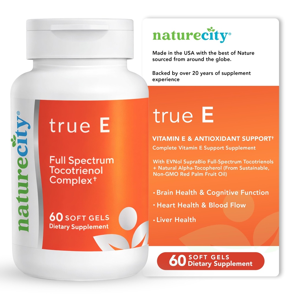 NatureCity True- E Full Spectrum Tocotrienols Witamina E & Natural Alpha Tocopherol Supplement Assembly 124; Trwała Witamina E Tocotrienols z Evnol Suprabio Bis124; NieGMO Witamina E Complex 124; 60 Soft żel