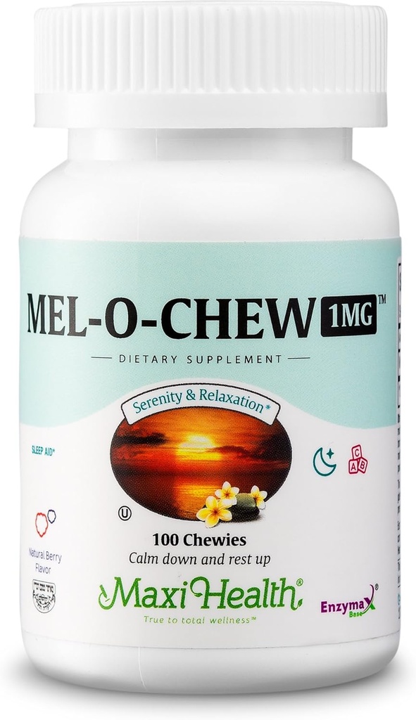 Maxi Health Melatonin 1 mg do rozgryzania i żucia - Melatonina w celu zachęcenia do naturalnego snu - Non-Habit Forming Supplement z Enzymax dla Fast- Acting Support Kosher (100 jednostek, 2- Pack)