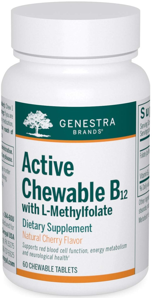 Genestra Brands Active Chewable B12 z L- Methylfolate XI124; Witamina B12 do żucia i suplement foliowy XI124; 60 Tabletki do żucia XI124; Natural Cherry Flavor