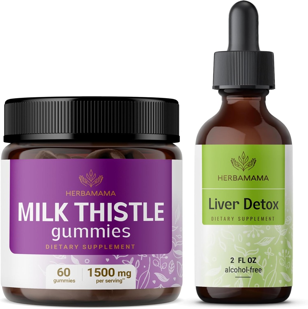 Zestaw HERBAMAMA Milk Thistle and Liver Support Complex Kit - Zestaw zestawów do mleka Tistle Gummies & Liver Detox Liquid Complex 4 fl oz - Vegan, Non-GMO, Alcohol- Free - 2 Pack