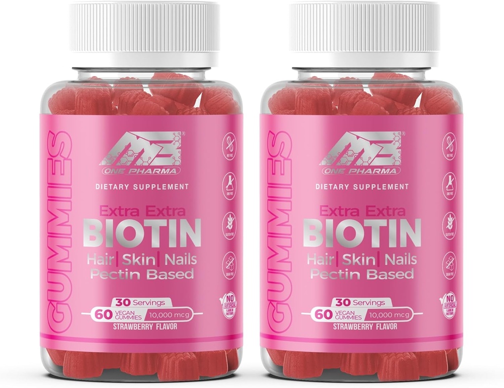 MB Jedna Biotin Gummies- Wysoka wydajność - Zdrowe włosy, Skóra i paznokcie Wzmocnienie, Witamina B7, (10000 Mcg) Non-GMO, Pectin Plant Based, dla dzieci i dorosłych, Truskawka Naturalny Flavor 2 Pack