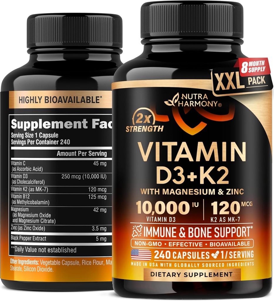 Witamina D3 K2 - Witamina D3 10000 iu & K2 jako MK- 7 120 mcg - Wsparcie immunologiczne i nastrojowe, dla zdrowia kości i zębów - z magnezem, cynku i witaminy C & B12 - Wysoko Biodostępne - Made in USA, 240 Kapsułki