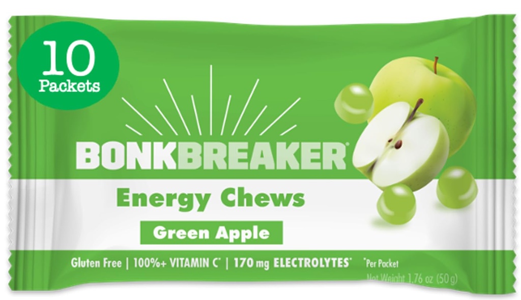 Bonk Breaker Energy Chews, Darmowy, Bezglutenowe składniki do dostarczania szybkiej energii i ostrości, 1 Pudełko z 10 pakietów, Zielone jabłko
