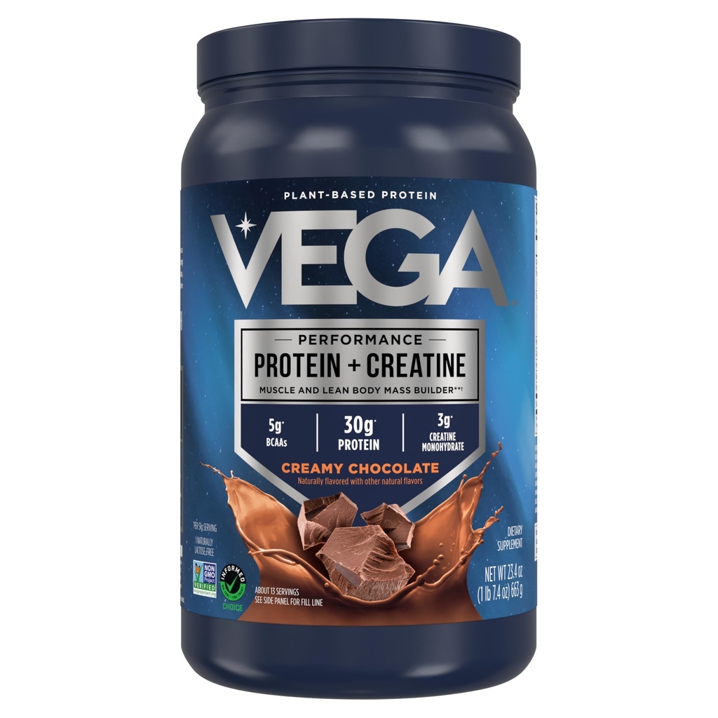 Vega Białko + Kreatyna - 30g Białko oparte na plantacji, Czekolada, 13 Służenie, 3g Kreatyna, 5g BCAA, Wegan, Keto, Gluten Free, Wolny od mleka, Niskie węglowodory, do wzrostu i naprawy mięśni, Drink Mix, 23.4oz