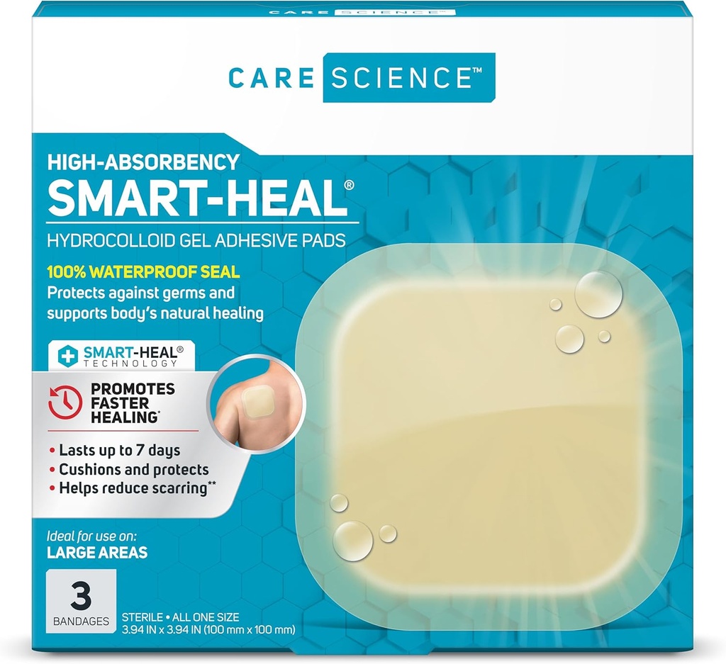 Care Science Smart Heal Hydrocoloid Bandaże, Bardzo duże 124; 100% wodoodporna pieczęć (4 w x 4 w, 3CT)