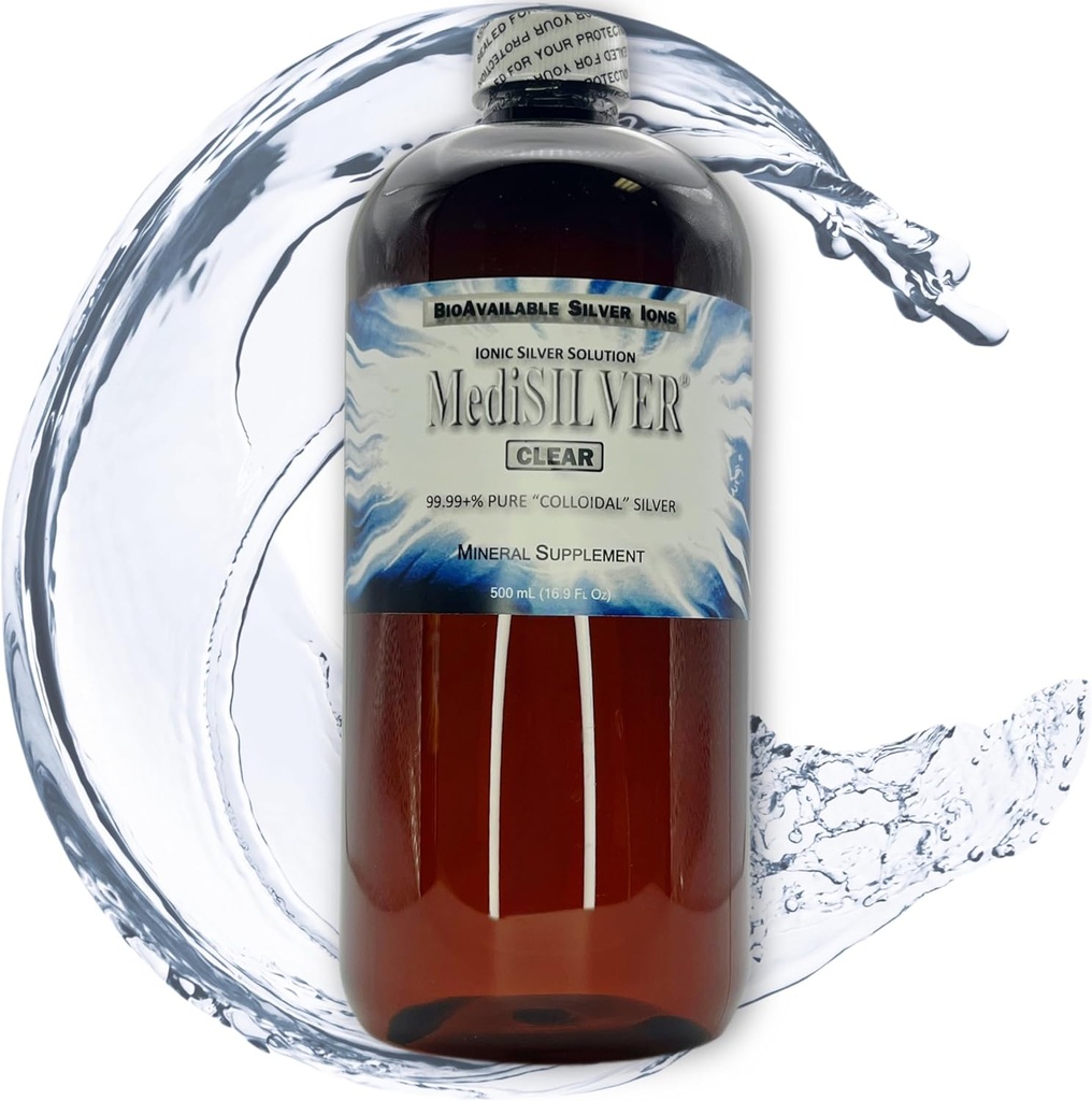 MediSILVER Clear True Free Jonowe Colloidal Silver Dietary Supplement - 500 ml (16.9 Fl Oz) w Bursztynowej butelce z tworzywa sztucznego
