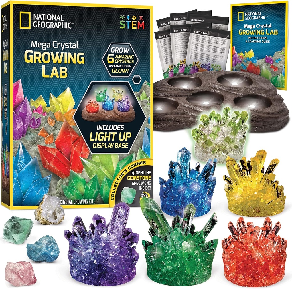 National Geographic Mega Crystal Growing Kit - Dorośnij 6 Kryształy z Light- Up Stand, Prezenty naukowe dla dzieci 8- 12