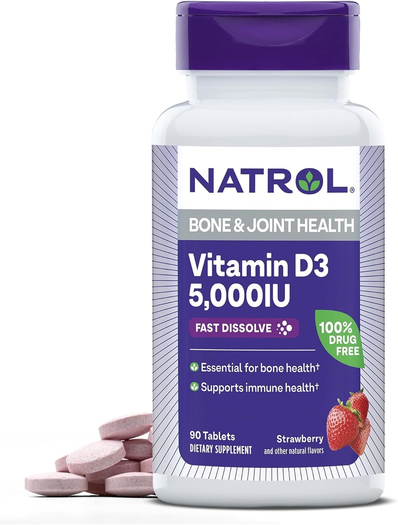 Natrol szybko rozpuszcza witaminę D3 5000 IU, Suplement diety dla zdrowia kości i stawów, Suplement wsparcia kości, 90 Tabletki, 90 Day Supply