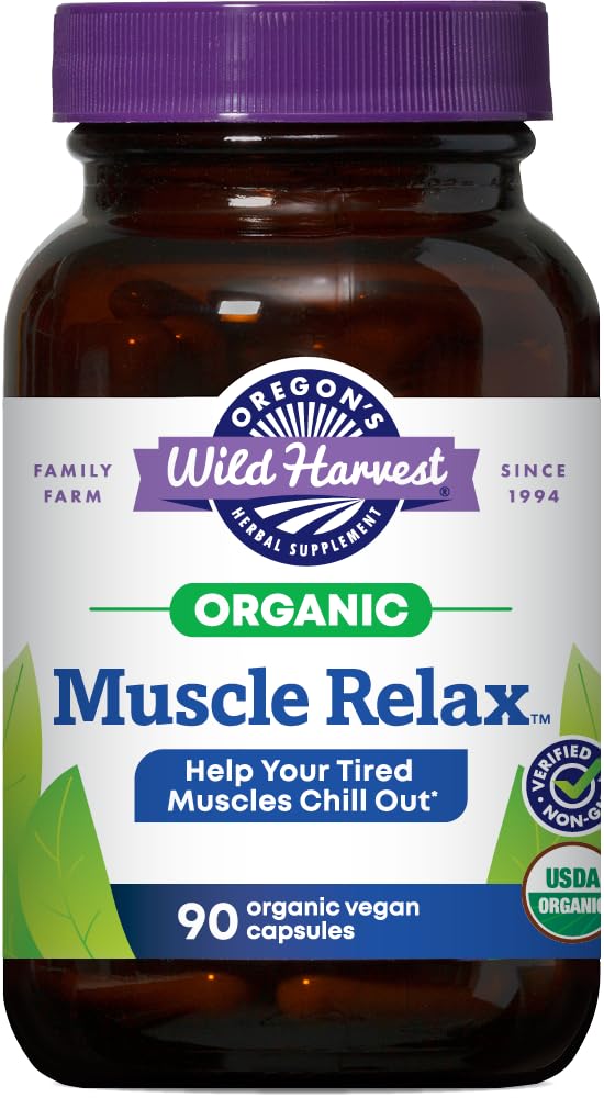 Oregon 's Wild Harvest Muscle Relax Organic Herbal Supplement Vegan Kapsułki z Valerian, Chops i Skullcap - 90 Count