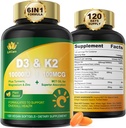 Witamina D3 10000 IU Plus K2 (MK- 7) 100mcg, Witamina Wegańska D3 K2 z Turmerią, Magnezem i Cynkiem do Wchłaniania Wapnia, Kość i zdrowie immunologiczne, Olej kokosowy do Wysokiej Wchłaniania, Łatwy do połknięcia, 120 Ct