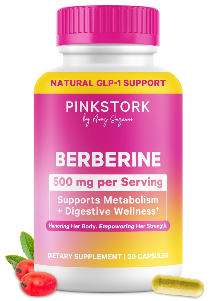 Pink Stork Berberine 500mg - Natural 's GLP-1 Supplement - Daily AMPK Metabolic Activator - 500- 1000 mg Metabolic + Gut Health for Women