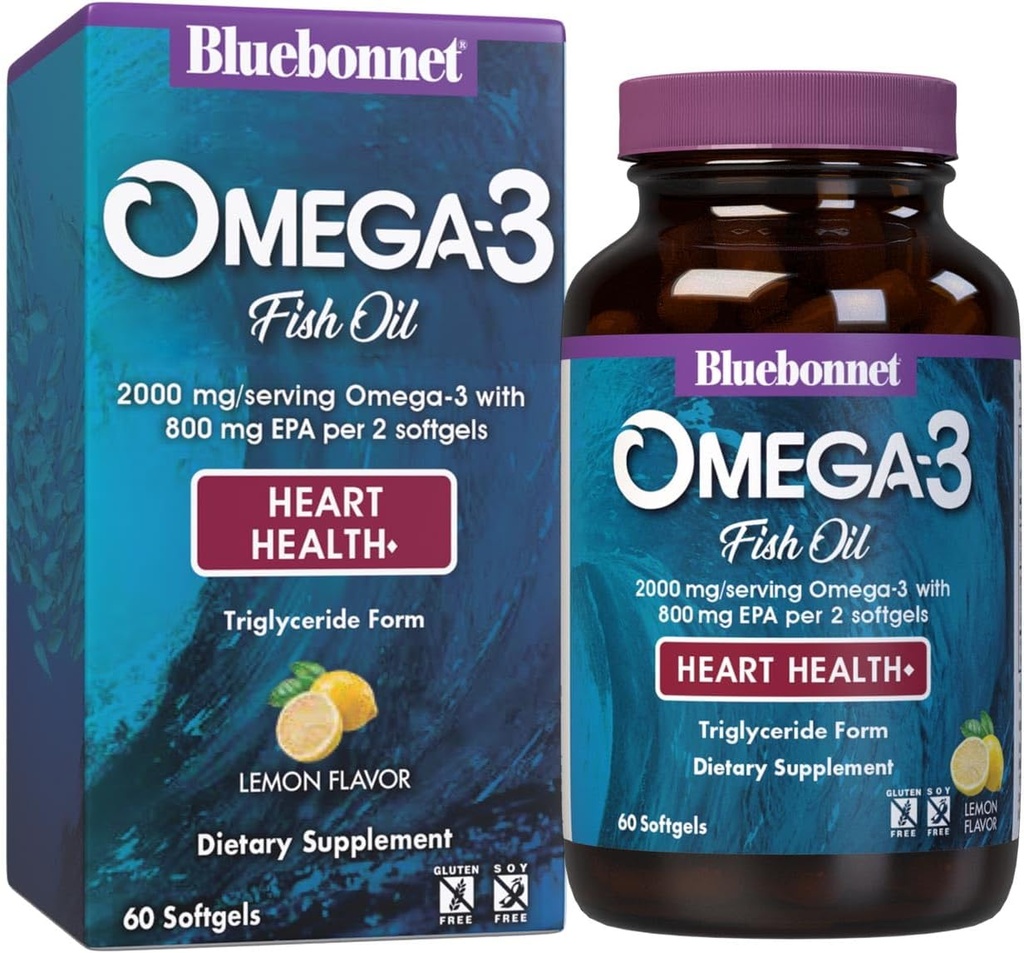 Bluebonnet Nutrition Omega-3 Heart Formula Natural Wild Caught Trigliceryde Form DHA 600 mg EPA 800 mg - Wysoko skoncentrowane heart heart health support supplement - Glaten- Free - 60 Softgel