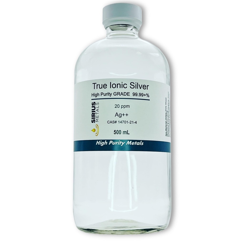 Prawdziwe wolne srebro jonowe - 20 ppm: 500 ml w przezroczystej szklanej butelce