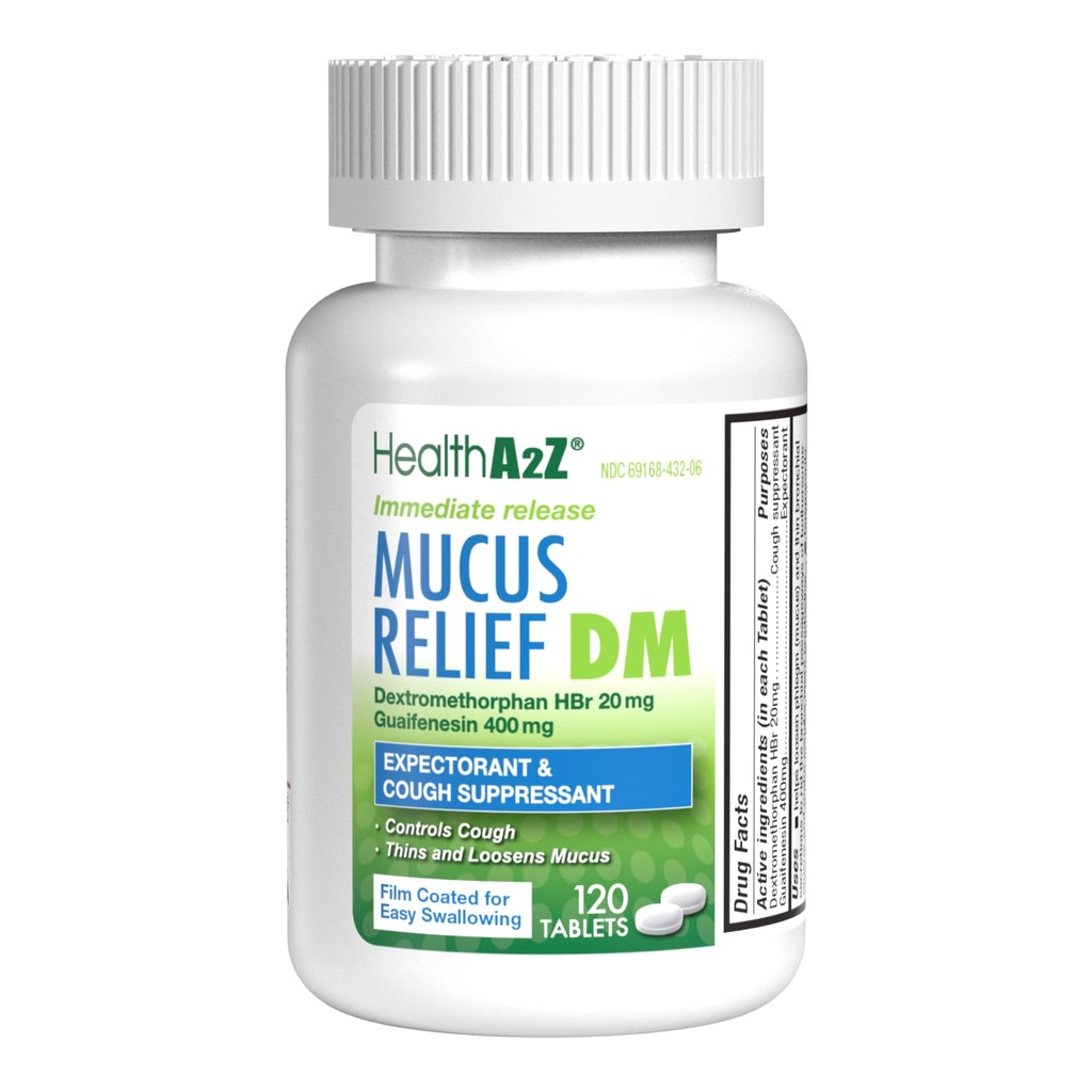 HealthA2Z ® Mucus Relief DM DEM 124; Dextromethorphan HBr 20mg Equipment 124; Guaifenesin 400mg Equipment 124; No Benzene Equipment 124; Cough, Natychmiastowe uwalnianie, Niepowlekane (120 Count (Pack of 1))