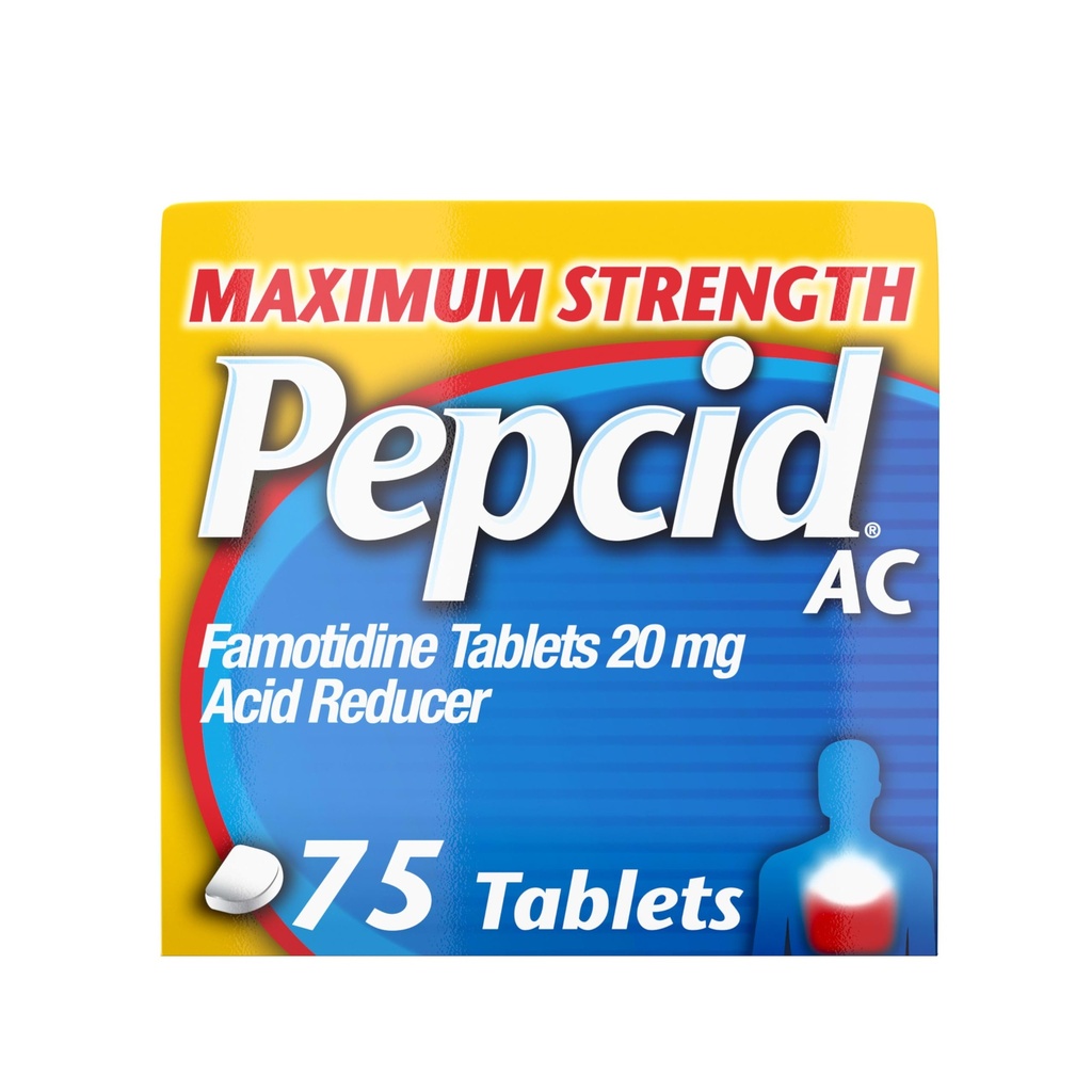 Pepcid AC Maksymalna moc Heartburn Relief Tablets, OTC Medicine Prevents & Relieves Heartburn Ze względu na niestrawność kwasu, 20mg Reduktor kwasu famotydynowego, Fast- Acting, 75 Ct
