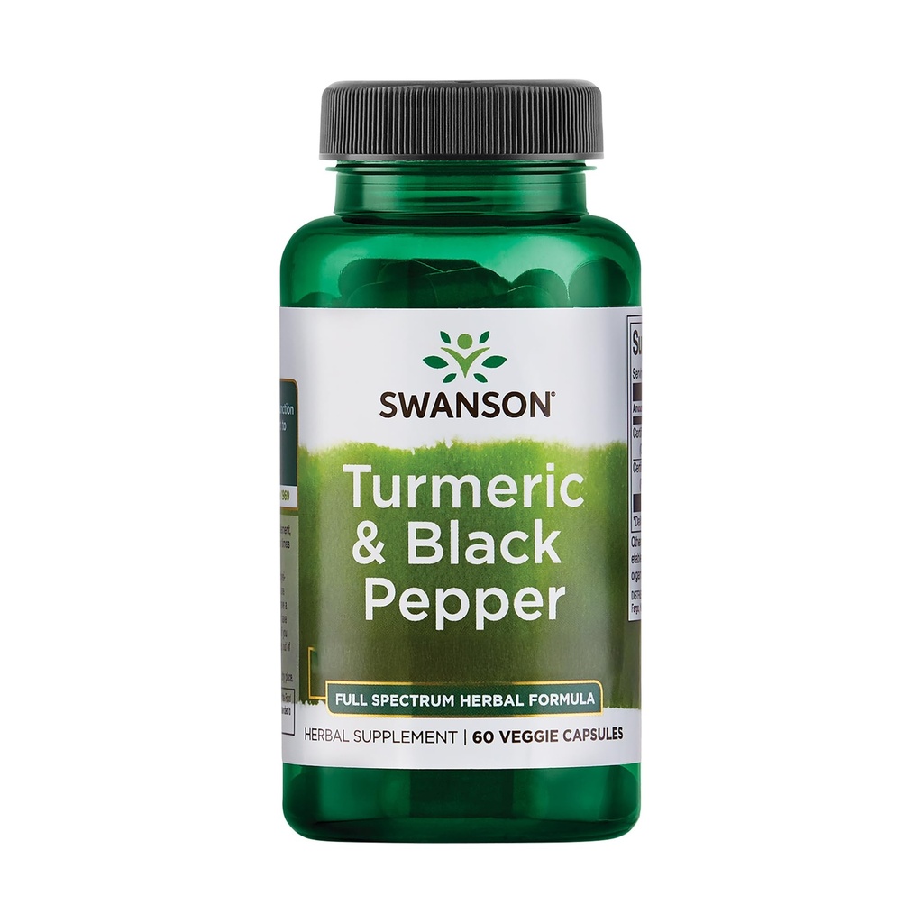 Swanson Turmeric & Black Pepper - Organic Joint Health, Heart Health, Trawienie, & Liver Supplement - Natural Formula for Enhanced Biodostępność & Absorpcja - (60 Kapsułki wegetariańskie)