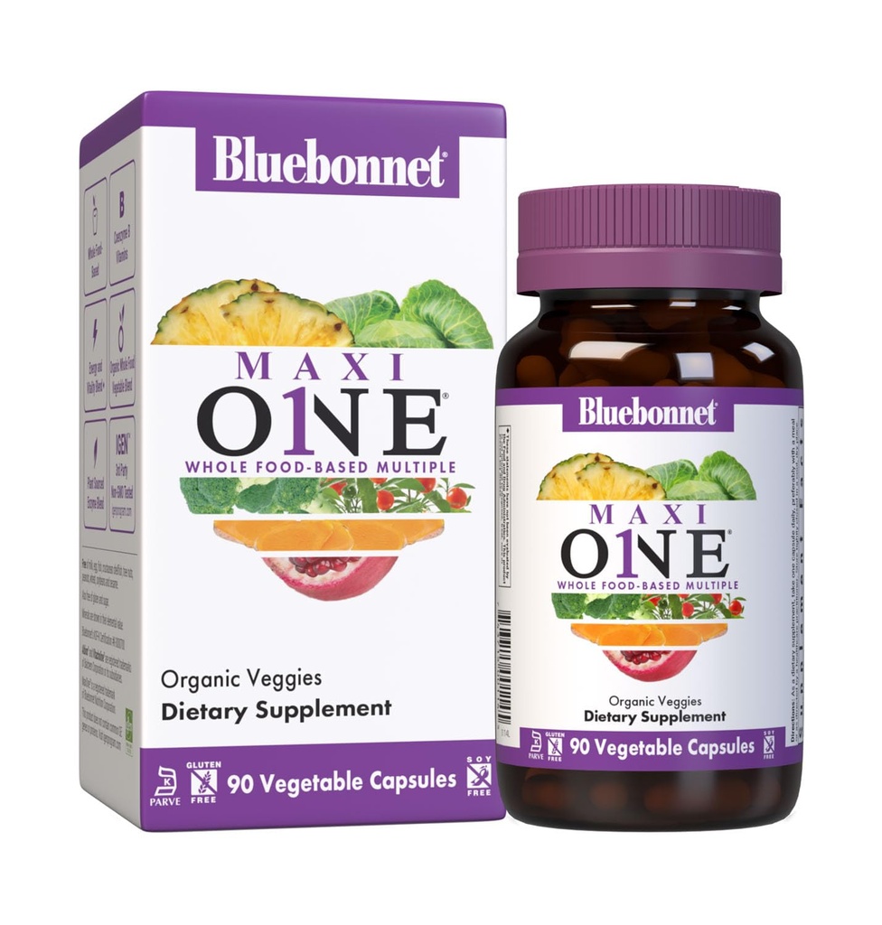 Bluebonnet Nutrition Maxi One (z żelaza), Whole Food Multiple, Enzymy, Energia, Witalność, Gluten- Free, Kosher, Dairy-Free, Przyjazny wegetarianin, Soy- Free, Non-GMO, 90 Kapsułki roślinne, 3 Dostawy miesiąc, Beige