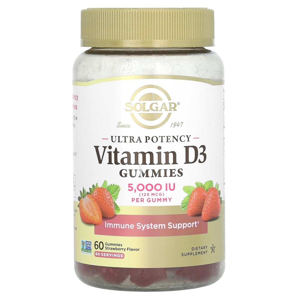 Solgar Witamina D3 Gumiaki dla dorosłych 5,000 IU Ultra Potency Witamina immunologiczna System wsparcia dla kobiet i mężczyzn - Smaczne truskawki Flavor, Gluten & Żelatyna Free Gummy, 2 Supply Month, 60 Służenie, 2 g cukru