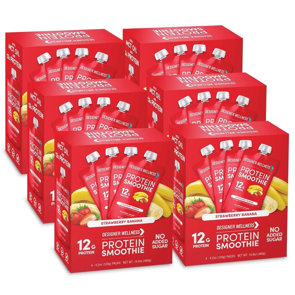 Designer Wellness Protein Smoothie, Prawdziwe owoce, 12g Białko, Niskie węglowodany, Zero dodawany cukier, Bez glutenu, Nie-GMO, Brak sztucznych kolorów lub aromatów, Strawberry Banana, 24 Count