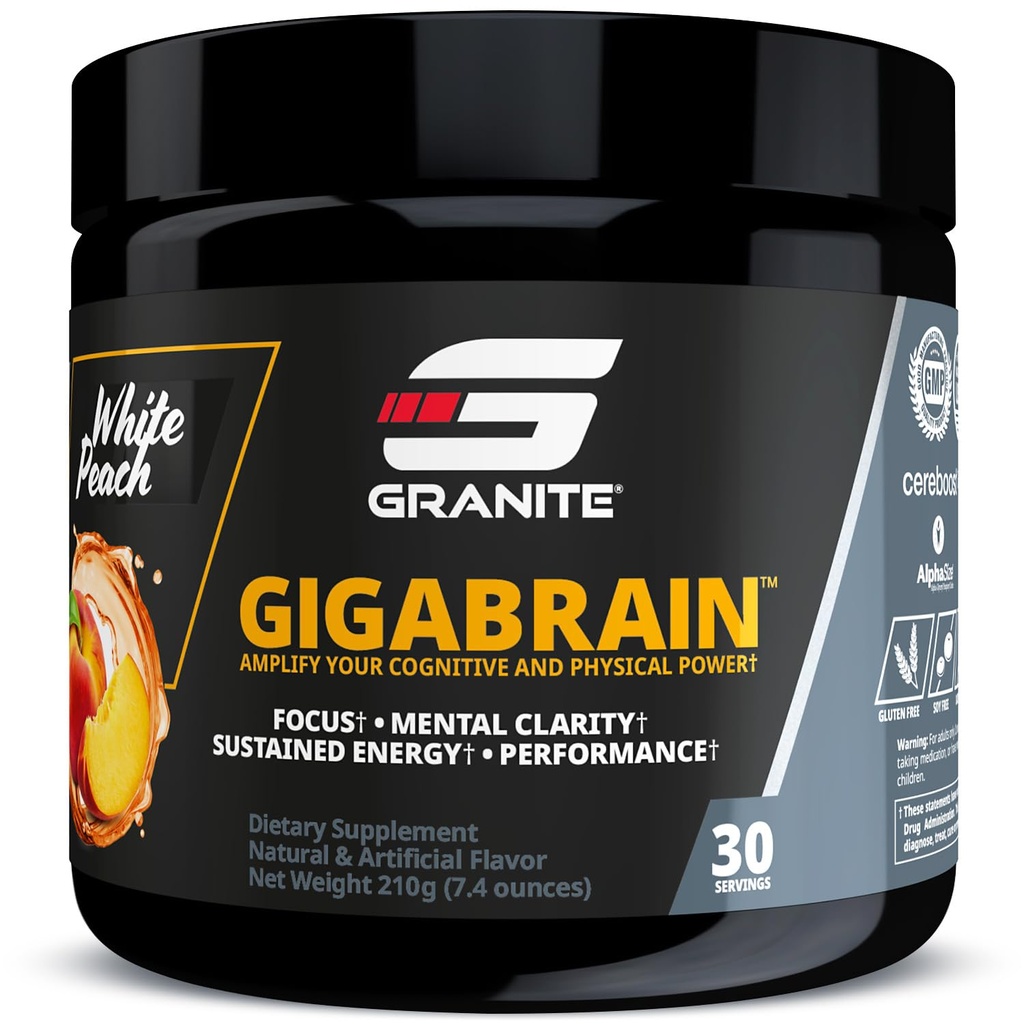 Granit Nutrition GigaBrain Nootropowa Energia Proszek - Cereboost, Alpha- GPC & ElevatP - Kognitywne Focus Supplement for Trwała Energia & Wydajność - Biały Brzoskwinia, 30 Słupki