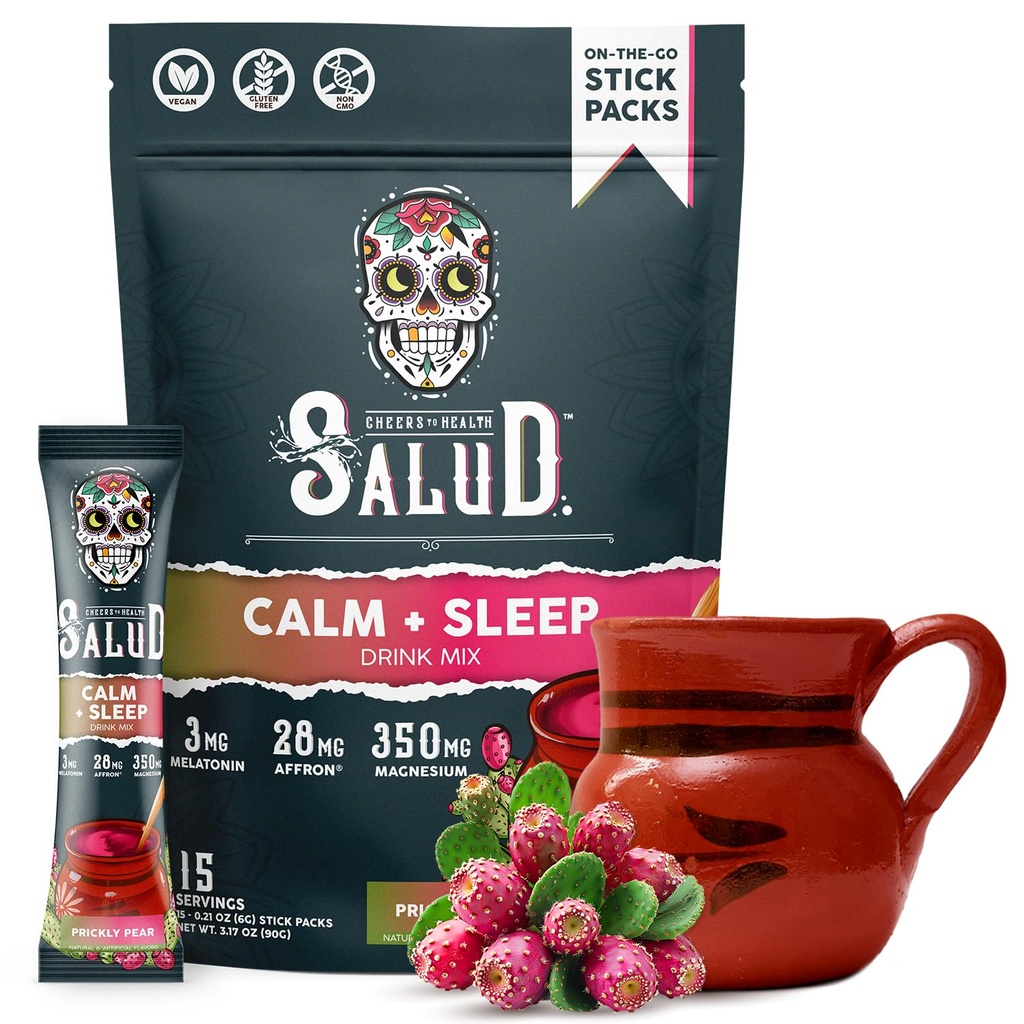 Salud 2- in-1 Sleep Aid + Calm Drink Mix, Printed Pear Flavor, Melatonina, Magnez, Saffron Extract, L- Theanine, Non-GMO, Gluten Free, Wegan, Low Calorie, 1g cukru (15 Sług)
