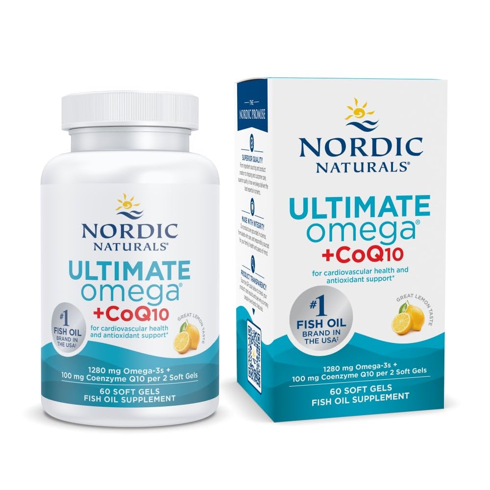 Nordic Naturals Ultimate Omega + CoQ10, Lemon - 60 Soft żele - 1280 mg Omega- 3 + 100 mg CoQ10 - Heart Health, Cellular Energy, Antioksydant Support - Non-GMO - 30 Servings