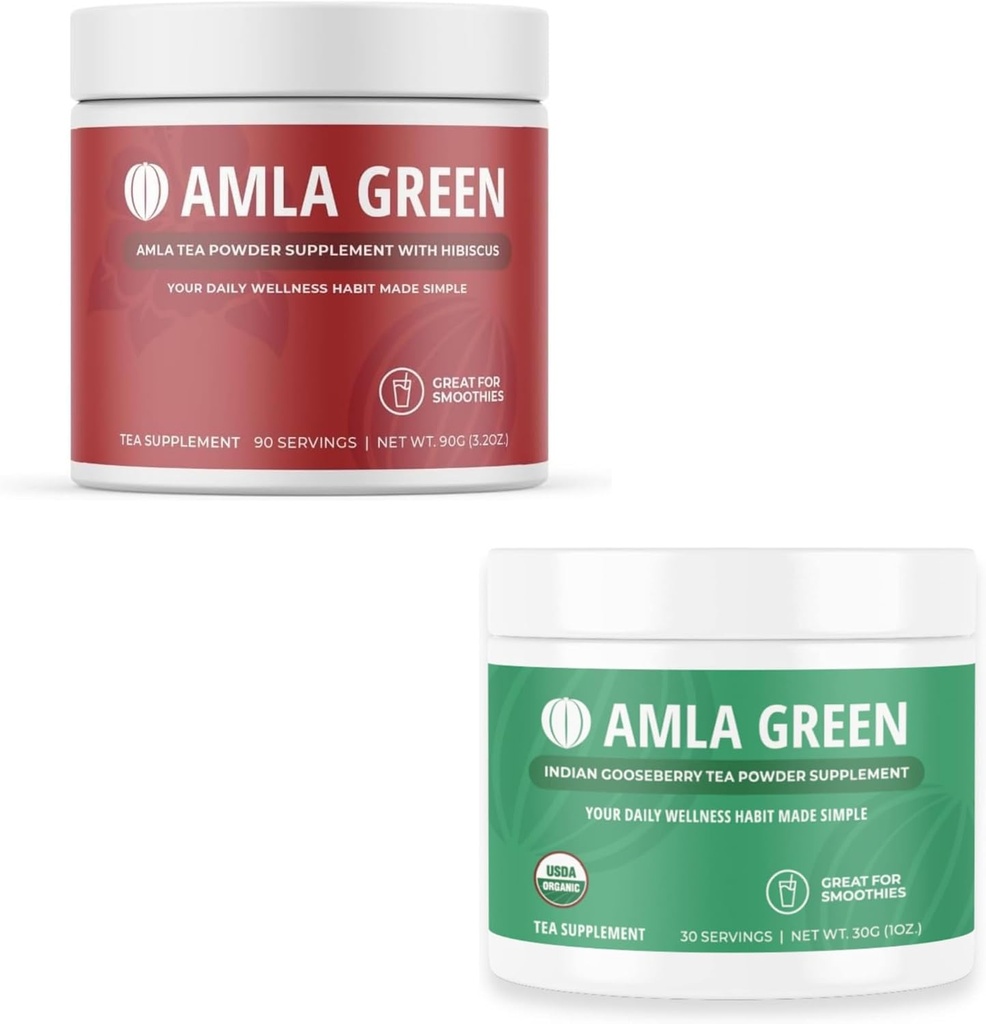 Amla Powder & Green Tea Superfood Supplement, Wsparcie przeciwutleniające, Made with Hibiscus (90 Servings) i indyjskie agrest (30 Servings), Organic, Wegan
