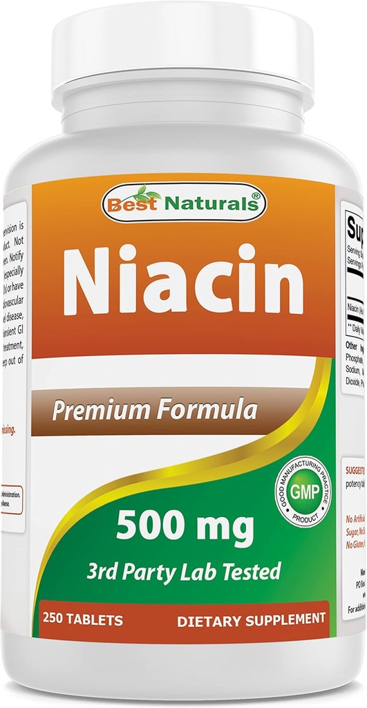 Najlepsi Naturals Niacin 500mg 250 Tabletki z zaczerwienieniem - również nazywane Witamina B3 (250 Liczba (Opakowanie po 1))