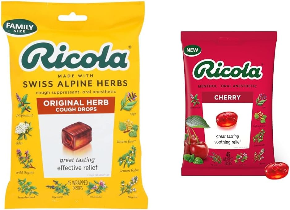 Ricola Original Natural Herb Cough Suppressant Throat Drops, 45 Drops, Fights Coughs Naturally, Soothes Throats, Naturally Soothing Relief & Cherry Throat Drops, 45 Count