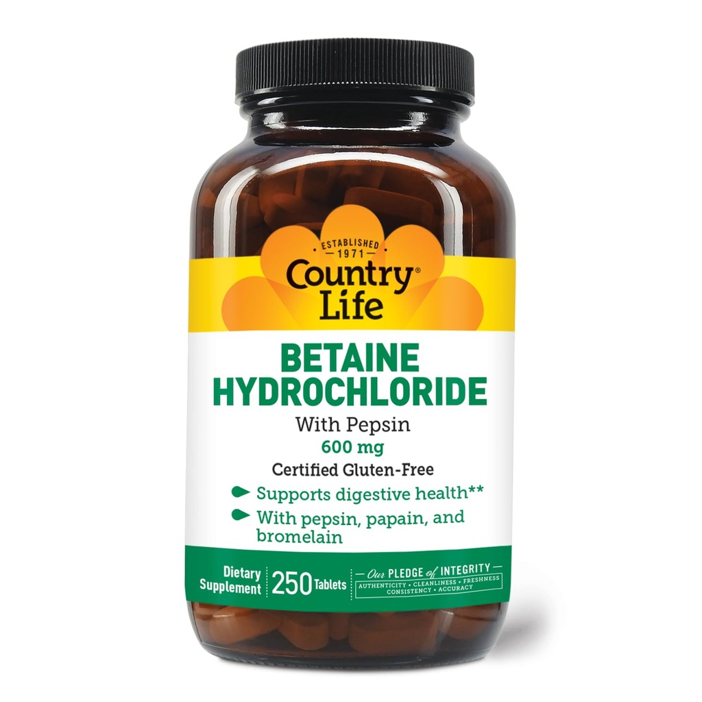 Country Life Betaine Hydrochlorki z pepsyną 600 mg - 250 tabletek