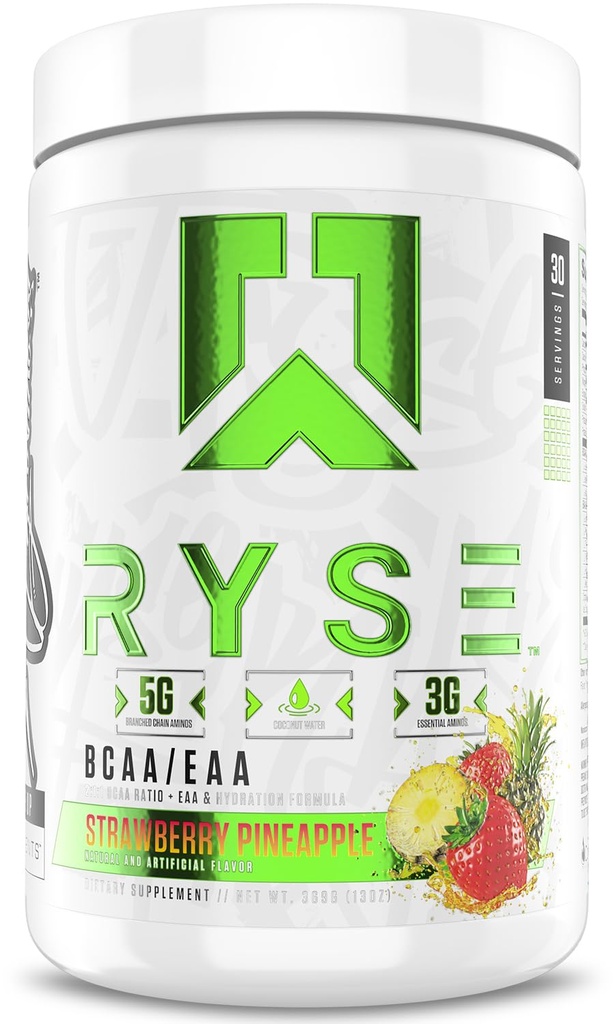 RYSE BCAA EAA Proszek - Ananas truskawkowy - 5g Acidy łańcuchowe rozgałęzione, 3g Amino zasadnicze, bezcukrowe elektrolity do regeneracji mięśni przed i post, Nawadnianie i wytrzymałość - 30 Służenia