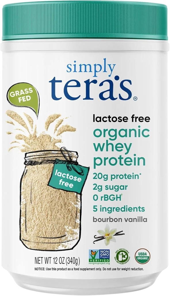 po prostu Tera 's Lactose Free Organic Serwatka Protein Powder - Laktoza Free, Vanilla, 20g białka Per Serving, Non-GMO, Gluten- Free, rBGH- Free, Kosher - 12 Oz.