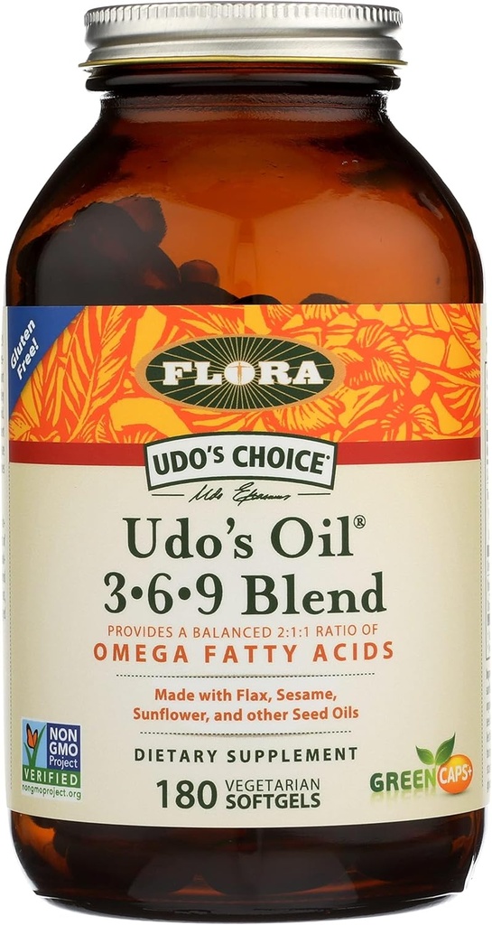 Olej Flora Udo 3- 6- 9 Mieszanka - Zawiera organiczny kokosowy, olej lniany i więcej - 180 Softgels wegetariańskie