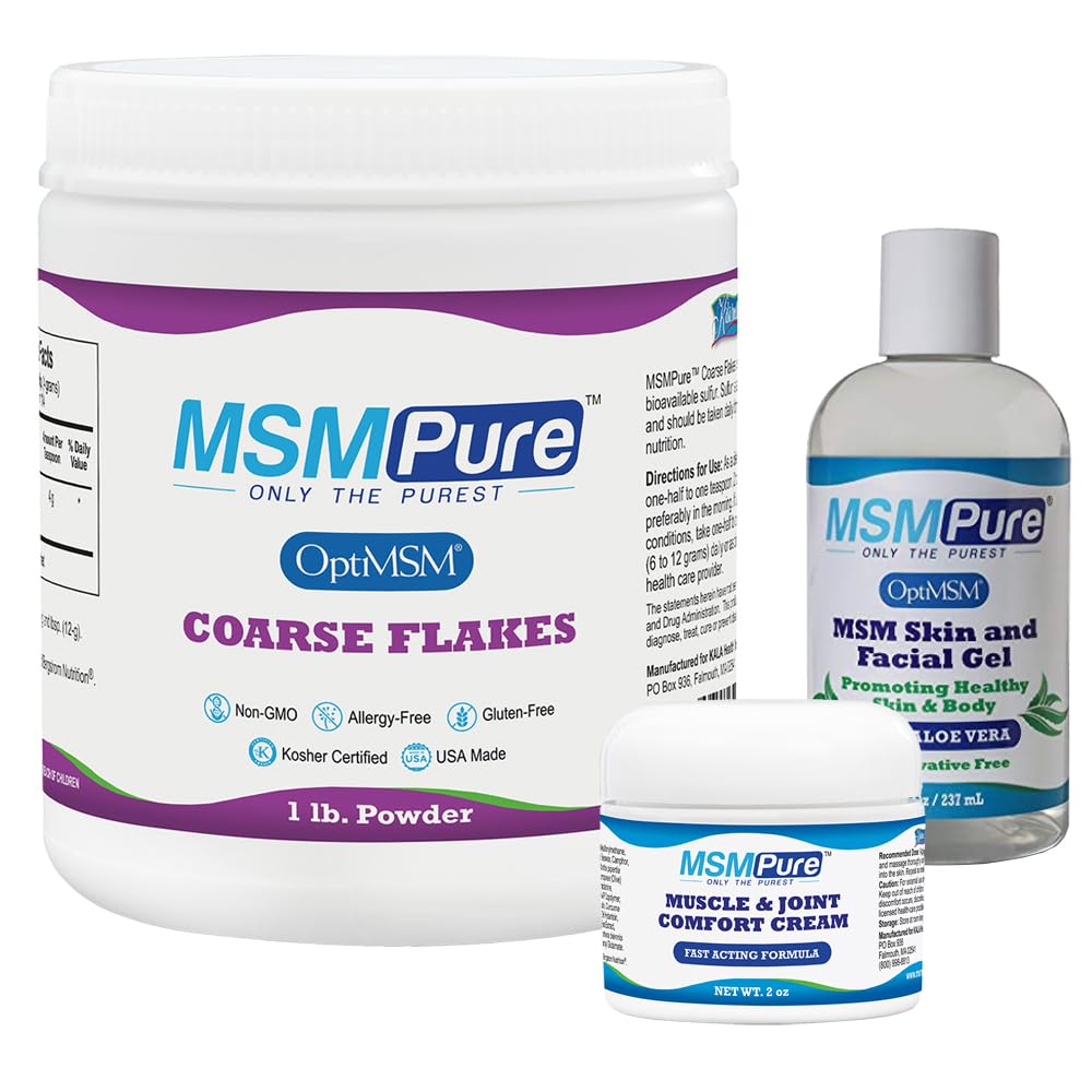 KALA ZDROWIE MMPURE Starter Bundle with MSM Coass Flakes 1lb, MSM Muscle & Joint Cream 2oz and MSM Gel with Organic Aloe 8oz