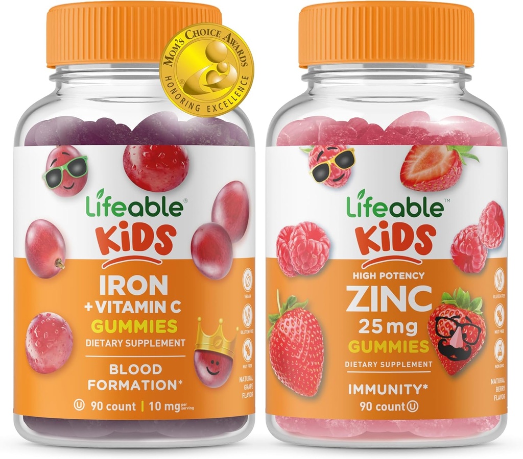 Żywe żelazo i witamina C Dzieci + Cynk 50mg, Gummies Bundle - Great Desting, Suplement witaminy, Gluten Free, GMO Free, Gummy do żucia