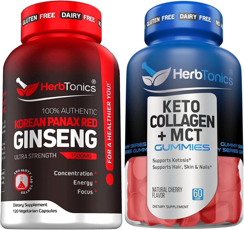 Korean Red Panax Ginseng 1500mg - High Potency Ginseng for Energy, Performance & Immune Support for Men & Women - Keto Gummies with MCT + Collagen | Sugar Free | Anti Aging, Hair Growth & Strong Nails