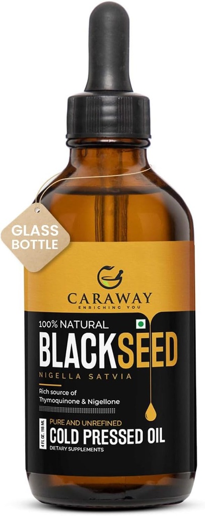 CARAWAY Organic Black Seed Oil - Cold Pressed Nigella Sativa Oil - Pure and Unrefined - Rich in Thymoquinone for Immune Support, Hair and Skin Care | Glass Bottle