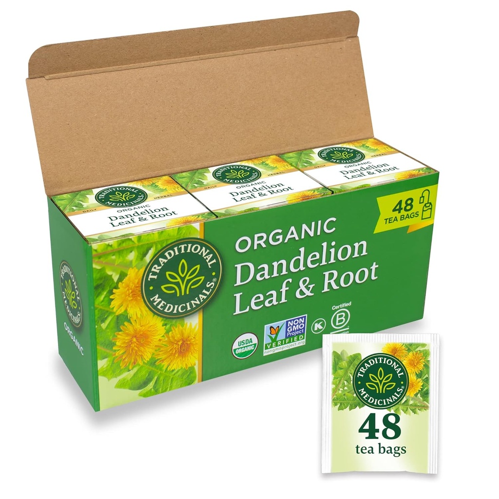 Tradycyjne Medicinals Tea, Organic Dandelion Leaf & Root, Wspiera funkcje nerek & Zdrowa trawienie, 48 torby herbaty (3 Pack)