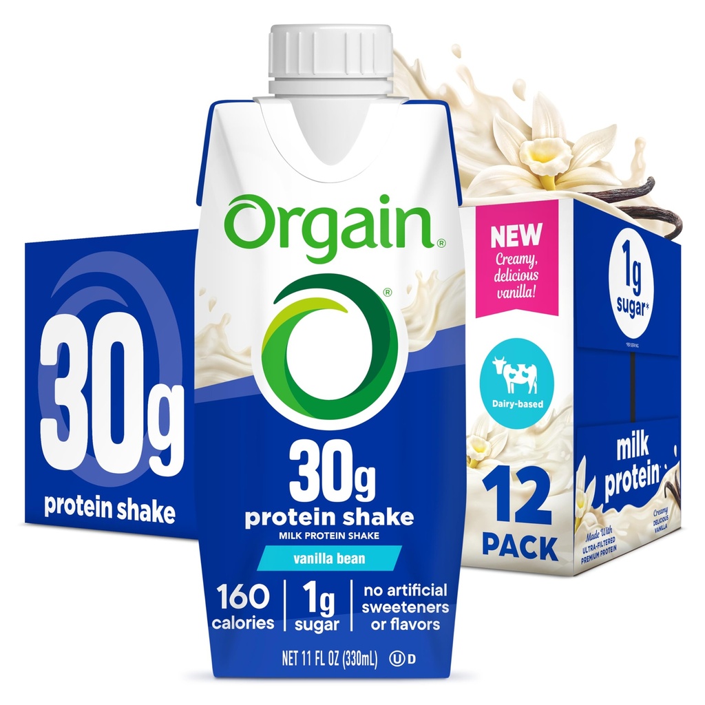 Orgain 30g Wstrząs wysokobiałkowy, Izolacja mleczna białko, Vanilla Bean, 5g BCAA, 1 g cukru na porcję, Mączka zastępcza, Gotowy do picia, Keto Friendly, Gluten- Free 11 Fl Oz (Opakowanie 12)