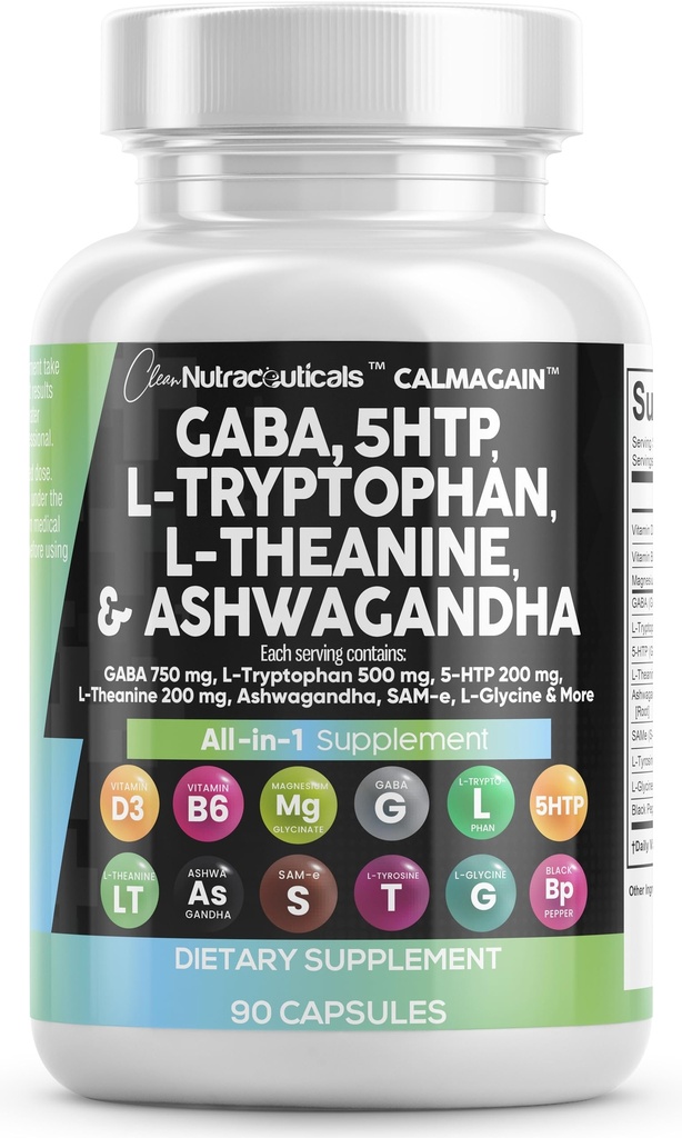Czyste Nutraceuticals GABA 750mg 5 HTP 200mg L Tryptofan 500mg L Theanine 200mg Ashwagandha SAM- e L- Glicyna - Witaminy wspomagające nastroje dla kobiet i mężczyzn z L- Tyrozyną 5- HTP (5- Hydroksytryptofan)