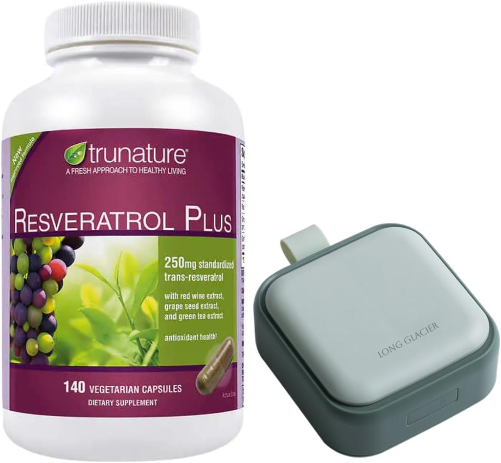 Trunature Resveratrol Plus, 140 Kapsułki wegetariańskie Bundle z Oragnizer Pill, Mały pojemnik Cute Pill dla medycyny, Witaminy, Zielony