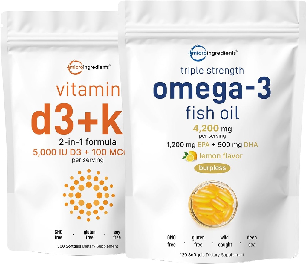 Micro Składniki Witamina D3 5,000iu + K2 100mcg Softgels & Omega-3 Fish Oil 120 Softgels Bundle 2 Pack Agregable 124; Esential Sunshine Vitamins Agreement 124; Wild- Caught Fish, Lemon Flavored, Burpless