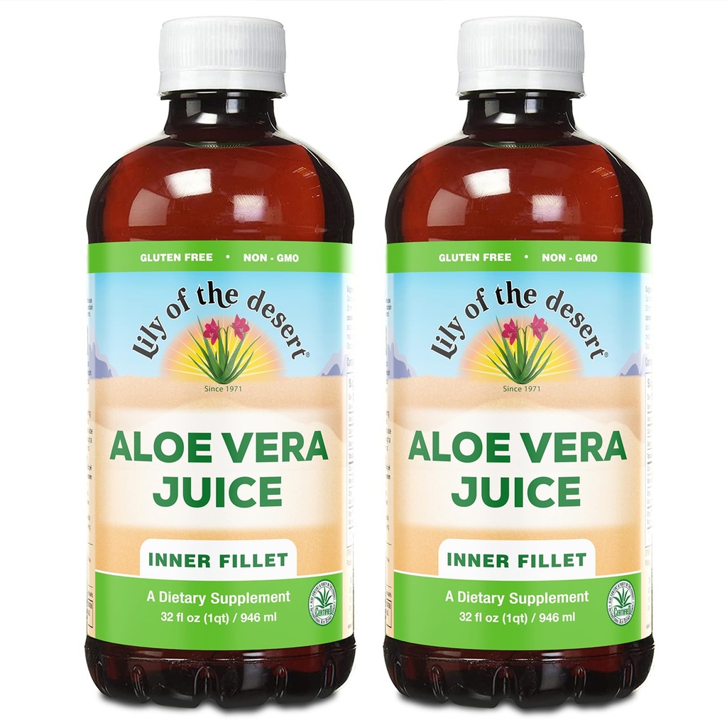 Lily of The Desert Organic Aloe Vera Juice 2- Pack - Wewnętrzny filet, Natural Gut & Digestive Support, Stomach Relief, 32 Fl Oz Ea