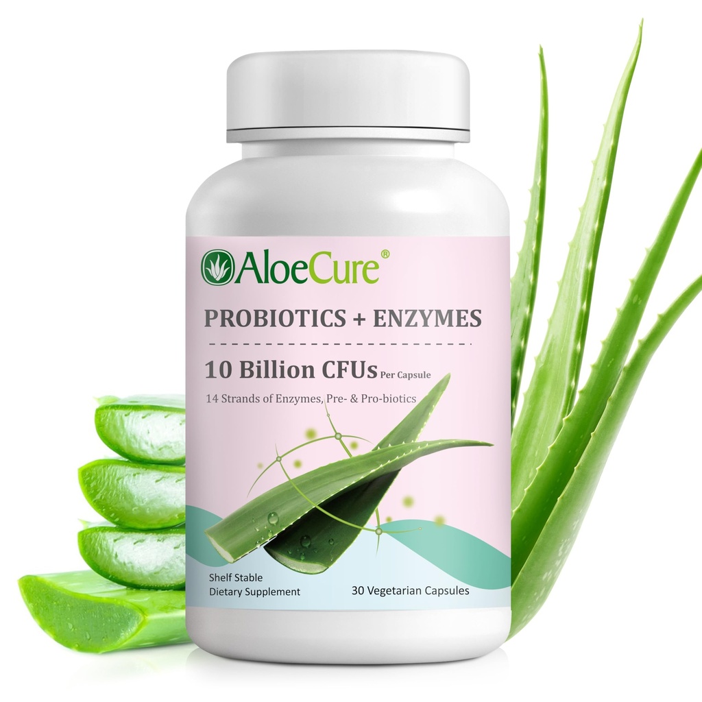 AloeCure Daily Probiotics 10 Miliard CFU for Digestive Support 8 Strains, 6 Prebiotyki & Enzymy - Suplement do pożywienia z Bromelain dla kobiet i mężczyzn - Wsparcie dla gut, Digestive Relief, 30 Czapki