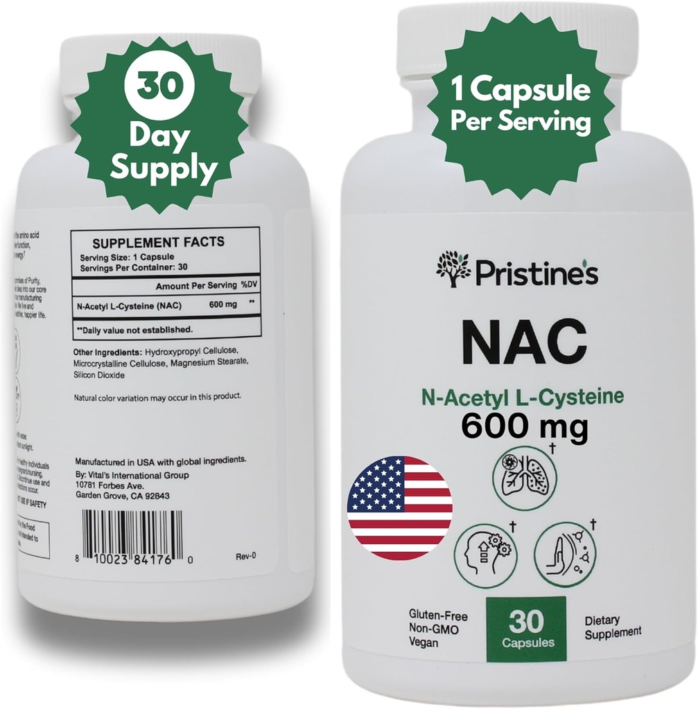 PRISTINE'S N-Acetyl L-Cysteine (NAC) 600MG 30-Day Supply Potent Lung & Liver Immunity Antioxidant Supplement Capsules - Mood & Mental Health Support