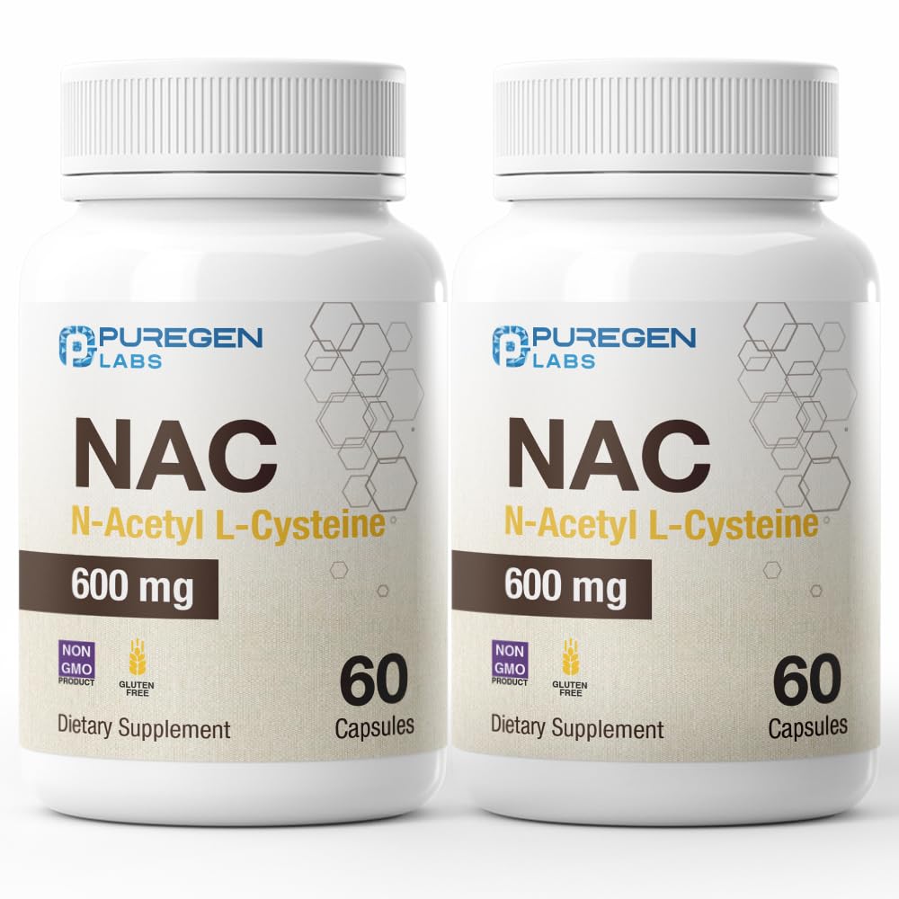 Puregen Labs N- Acetyl- L- Cysteina (NAC) 600mg, Wspiera immunologiczne, oddechowe, Zdrowie wątroby, NAC 600 mg, Potężne przeciwutleniacze Wsparcie, Free- rodniki, Łatwe do Absorb - Razem 120 Kapsułki wegetariańskie