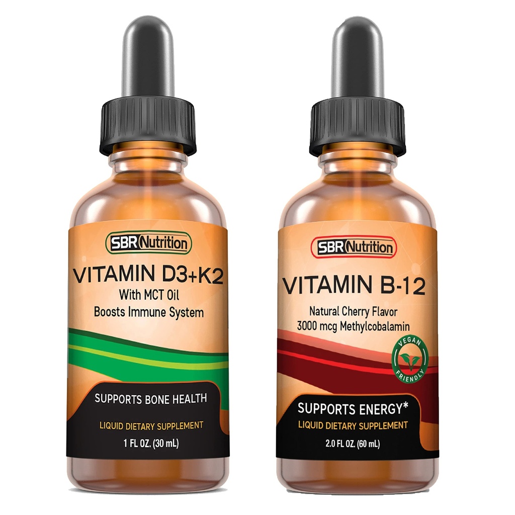 SBR Nutrition D3 + K2 i B12 Bundle Witamina D3K2 (MK7) Krople płynne, Peppermint 1oz Bis124; Witamina B- 12 3000mcg Liquid Drops, 2oz Bis124; dla dorosłych i dzieci 124; Non-GMO, Gluten Free